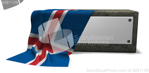 Image of stone socket with blank sign and flag of iceland - 3d rendering