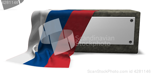 Image of stone socket with blank sign and flag of russia - 3d rendering