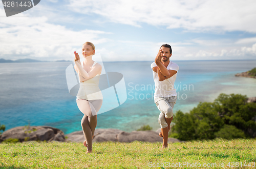 Image of smiling couple making yoga exercises outdoors