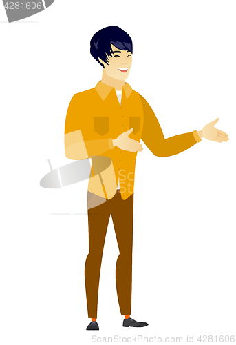 Image of Young asian happy businessman gesturing.