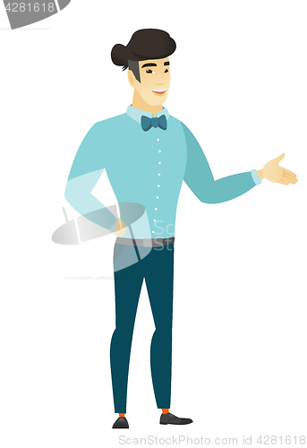 Image of Business man with arm out in a welcoming gesture.