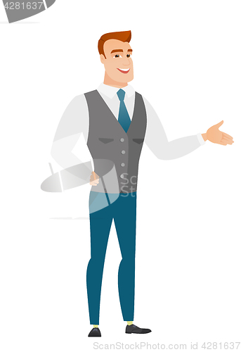 Image of Business man with arm out in a welcoming gesture.