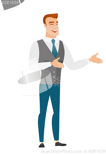 Image of Young caucasian happy businessman gesturing.