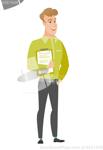 Image of Businessman holding clipboard with papers.
