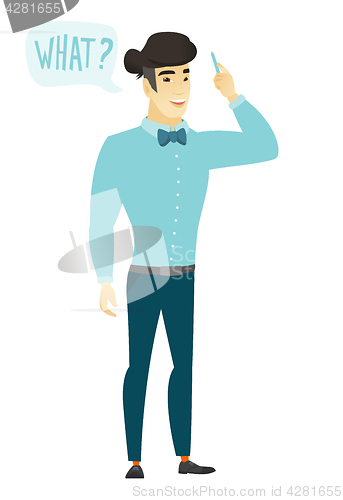 Image of Businessman with question what in speech bubble.