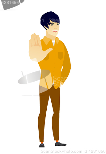 Image of Asian business man showing palm hand.