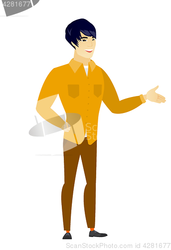 Image of Business man with arm out in a welcoming gesture.