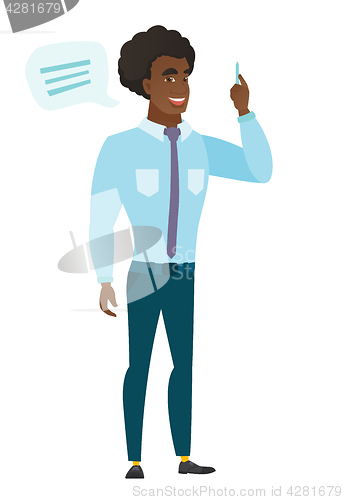 Image of Young caucasian businessman with speech bubble.