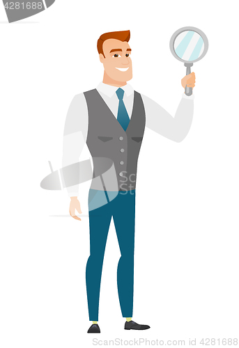 Image of Caucasian business man holding hand mirror.