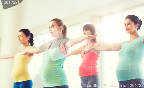 Image of happy pregnant women exercising in gym