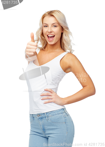Image of happy young woman showing thumbs up
