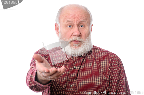 Image of Senior man making claims, isolated on white