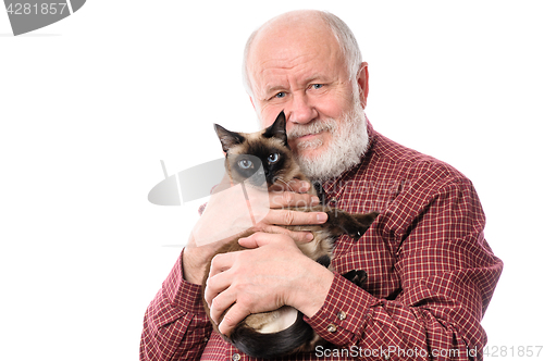 Image of Cheerfull senior man with cat isolated on white