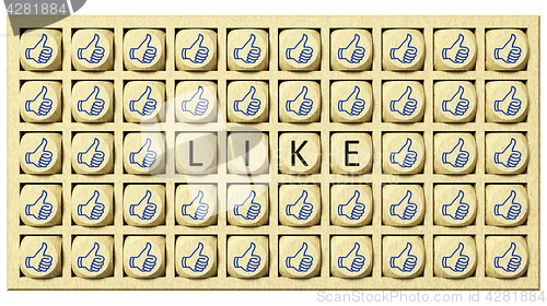 Image of wooden cubes with thumbs up and the word like
