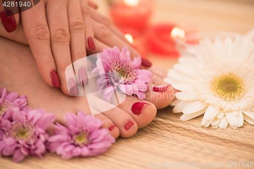 Image of female feet and hands at spa salon