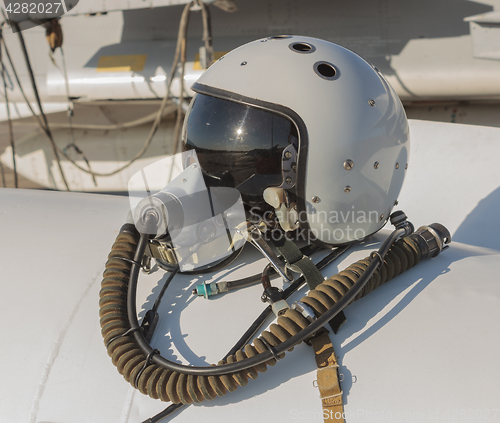 Image of Helmet and oxygen mask of a military pilot