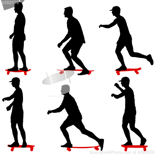 Image of Set ilhouettes a skateboarder performs jumpingon a white background