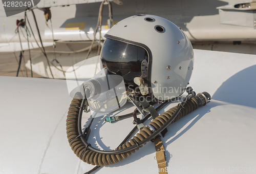 Image of Helmet and oxygen mask of a military pilot