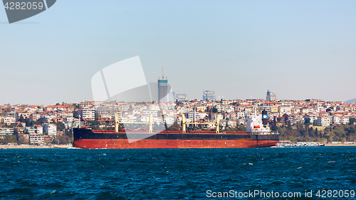 Image of The tanker ship crosses the Bosporus on the background of Uskudar