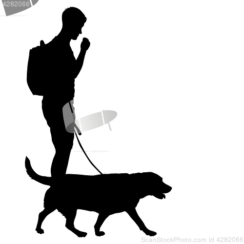 Image of Silhouette of man and dog on a white background