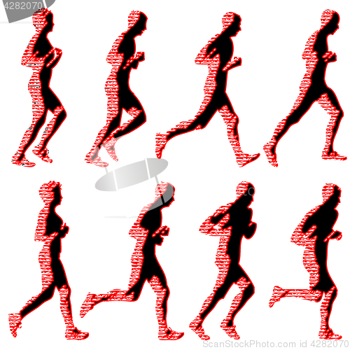 Image of Set of silhouettes. Runners on sprint, men and woman