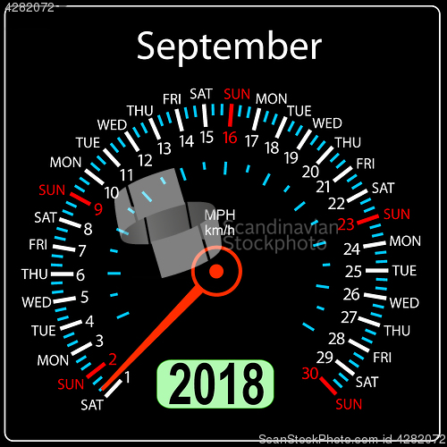 Image of Year 2018 calendar speedometer car in concept. September