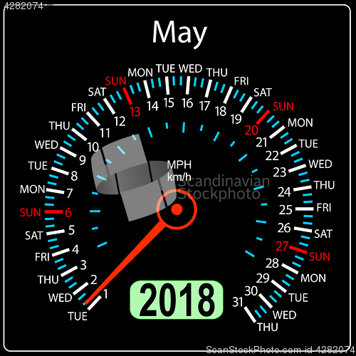 Image of Year 2018 calendar speedometer car in concept. May