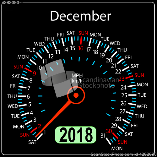 Image of Year 2018 calendar speedometer car in concept. December