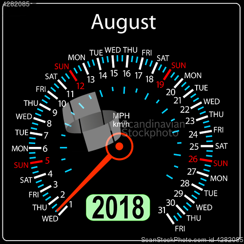 Image of Year 2018 calendar speedometer car in concept. August