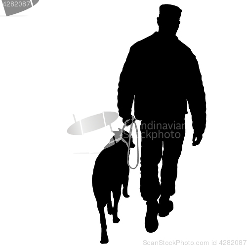 Image of Silhouette of man and dog on a white background