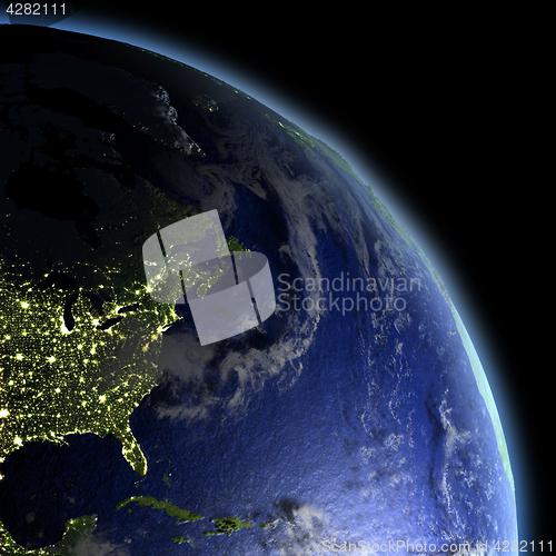 Image of East coast of North America from space at dawn