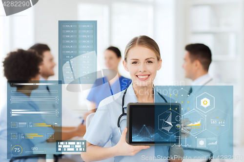 Image of happy doctor with chart on tablet pc at hospital