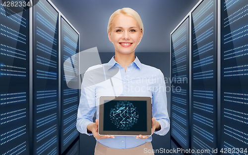 Image of businesswoman with tablet pc over server room