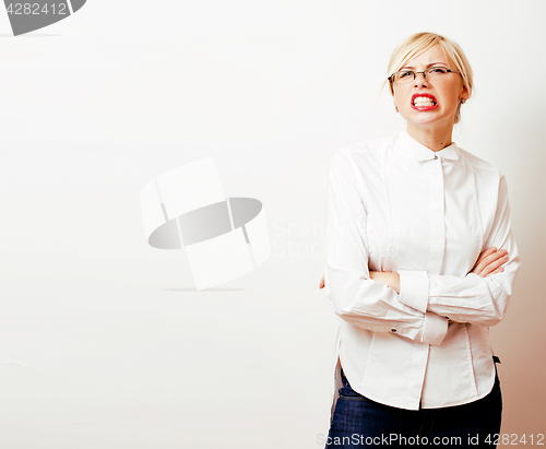 Image of very emotional businesswoman in glasses, blond hair on white bac