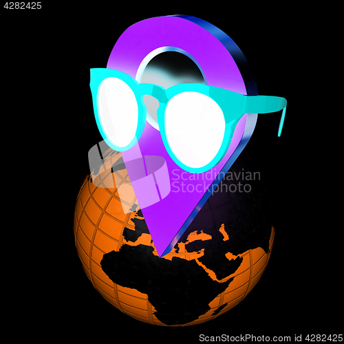 Image of Glamour map pointer in sunglasses on Earth. 3d illustration