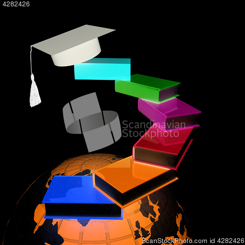 Image of Earth of education with books around and graduation hat. Global 