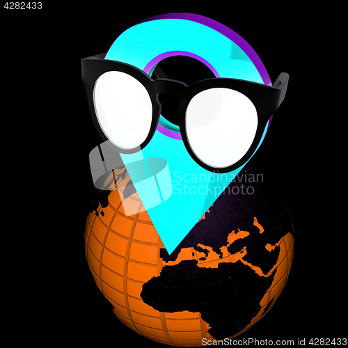 Image of Glamour map pointer in sunglasses on Earth. 3d illustration