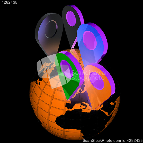 Image of Planet Earth and map pins icon. Earth globe and colorful map lab