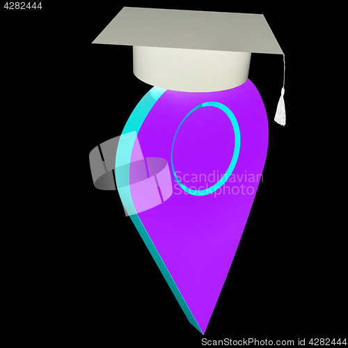 Image of Geo pin with graduation hat on white. School sign, geolocation a