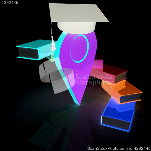 Image of Pointer of education in graduation hat with books around. 3d ill