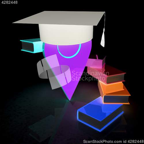 Image of Pointer of education in graduation hat with books around. 3d ill