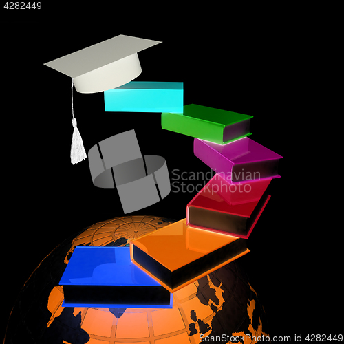 Image of Earth of education with books around and graduation hat. Global 