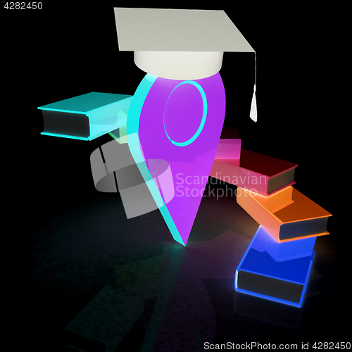 Image of Pointer of education in graduation hat with books around. 3d ill