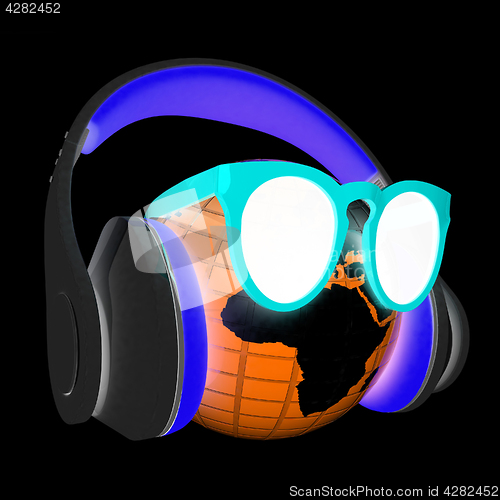 Image of Earth planet with earphones and sunglasses. 3d illustration