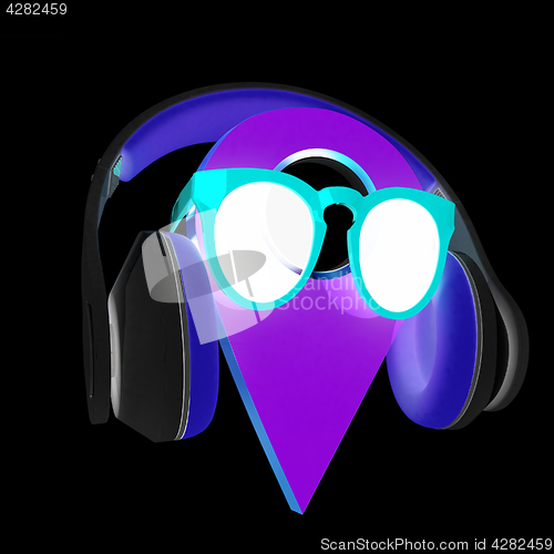 Image of Glamour map pointer in sunglasses and headphones. 3d illustratio