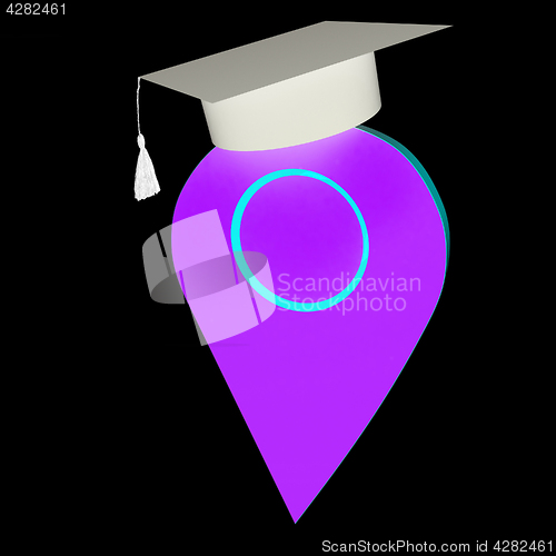 Image of Geo pin with graduation hat on white. School sign, geolocation a