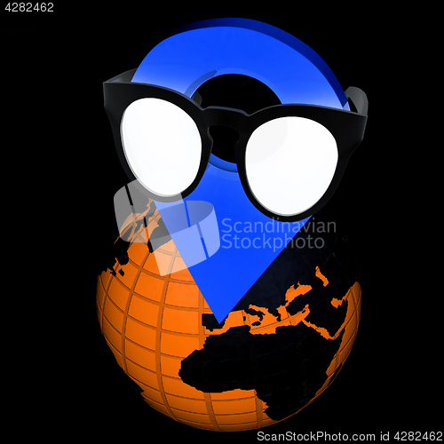 Image of Glamour map pointer in sunglasses on Earth. 3d illustration