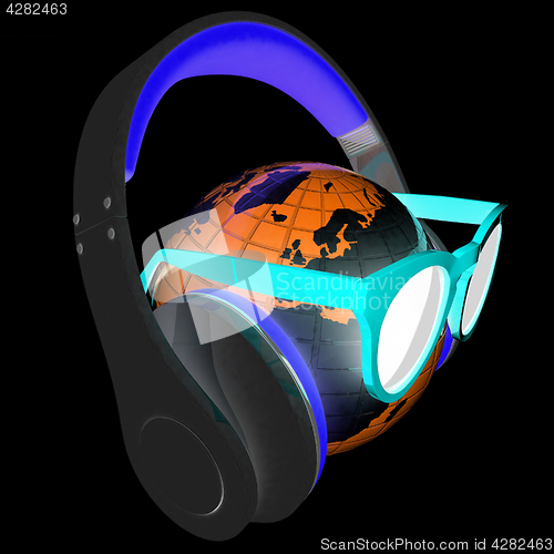Image of Earth planet with earphones and sunglasses. 3d illustration