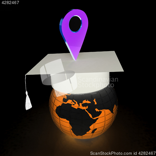 Image of Geo pin with graduation hat on white. School sign, geolocation a