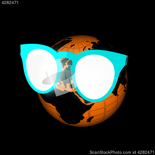Image of Earth planet with earphones and sunglasses. 3d illustration
